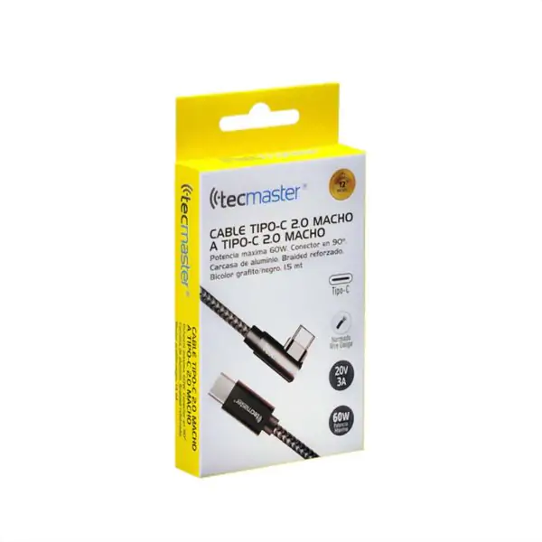 Cable Tipo-C a Tipo-C 2.0 Macho 60w Conector 90 Grados Tecmaster TM-200544 - Imagen 3